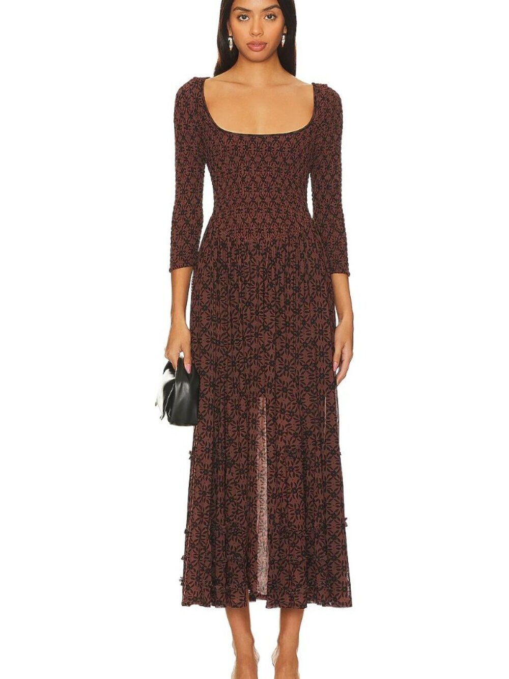Free People Its Fate Midi Dress Floral Mesh Ruffle Boho Smock in Brown Combo S
